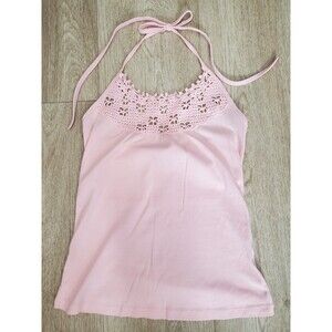Moda International Cotton Pink Crochet Neckline Halter Top Size Small Y2K